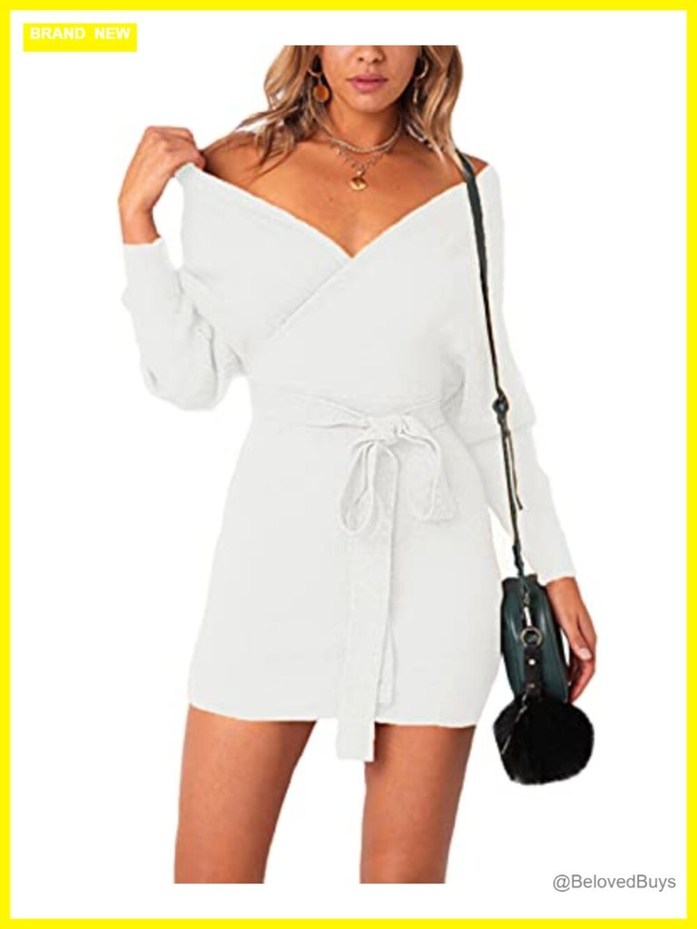 Women's Batwing Long Sleeve Backless Mock Wrap Knit Sweater Mini Dress